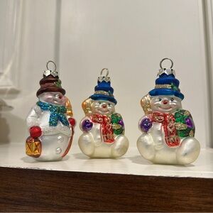 Vintage (3) Snowman Ornaments with Blue and Red Accents hand blown hand painted
